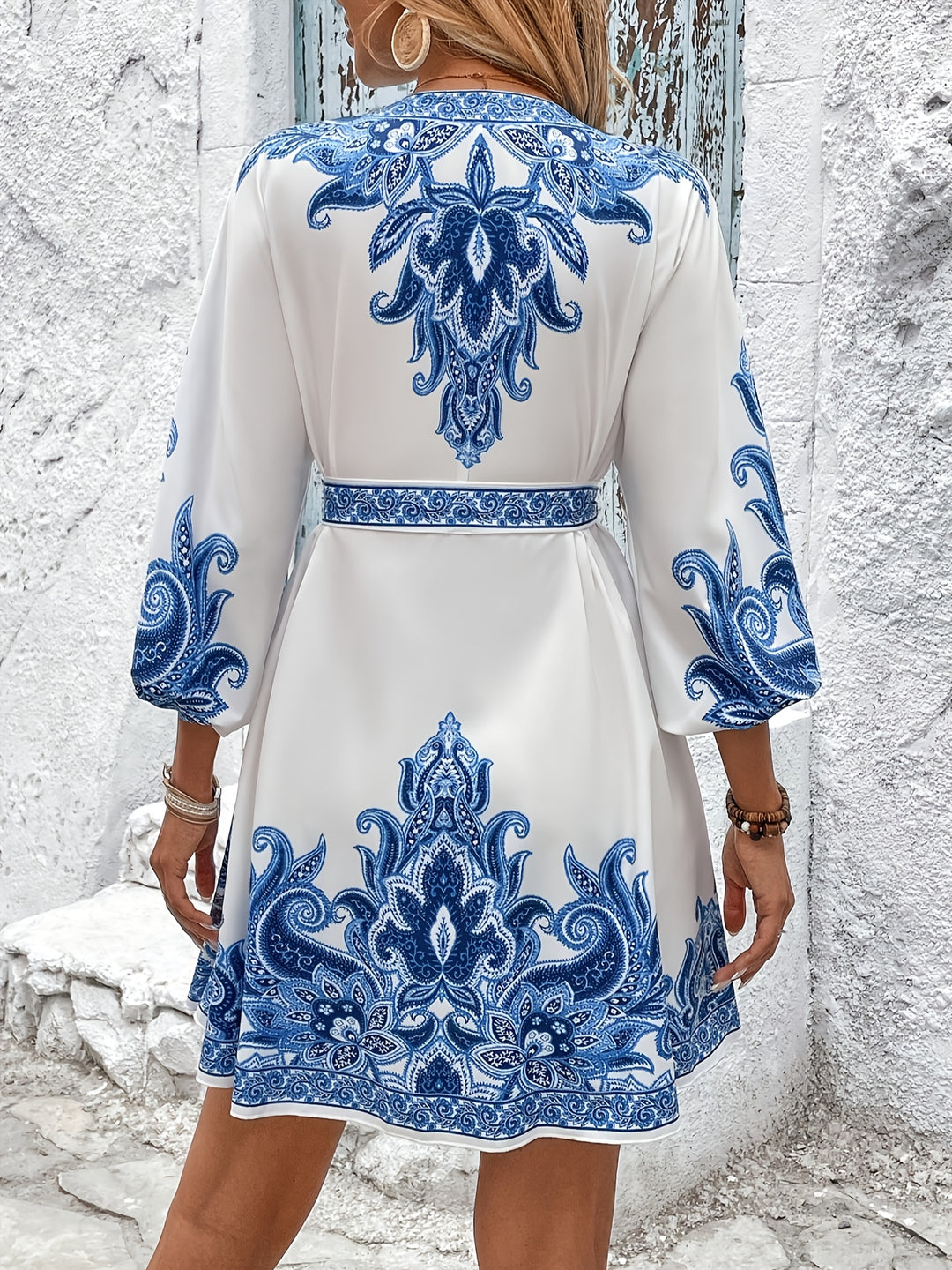 Ornate Print V-Neck Button Down Bohemian Dress