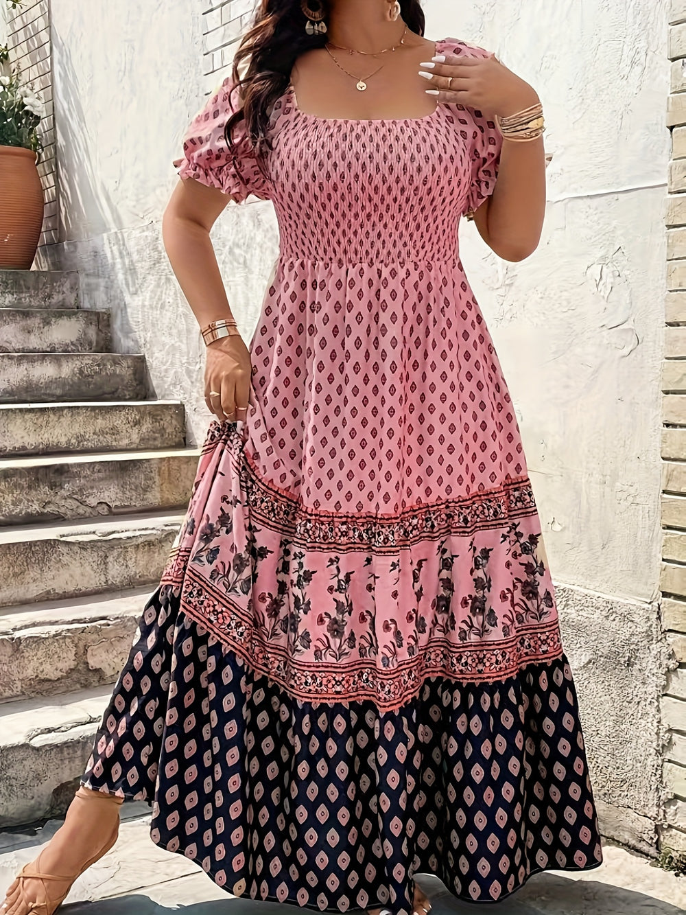 Ruffle Sleeve Floral Border Summer Dress - Plus Size