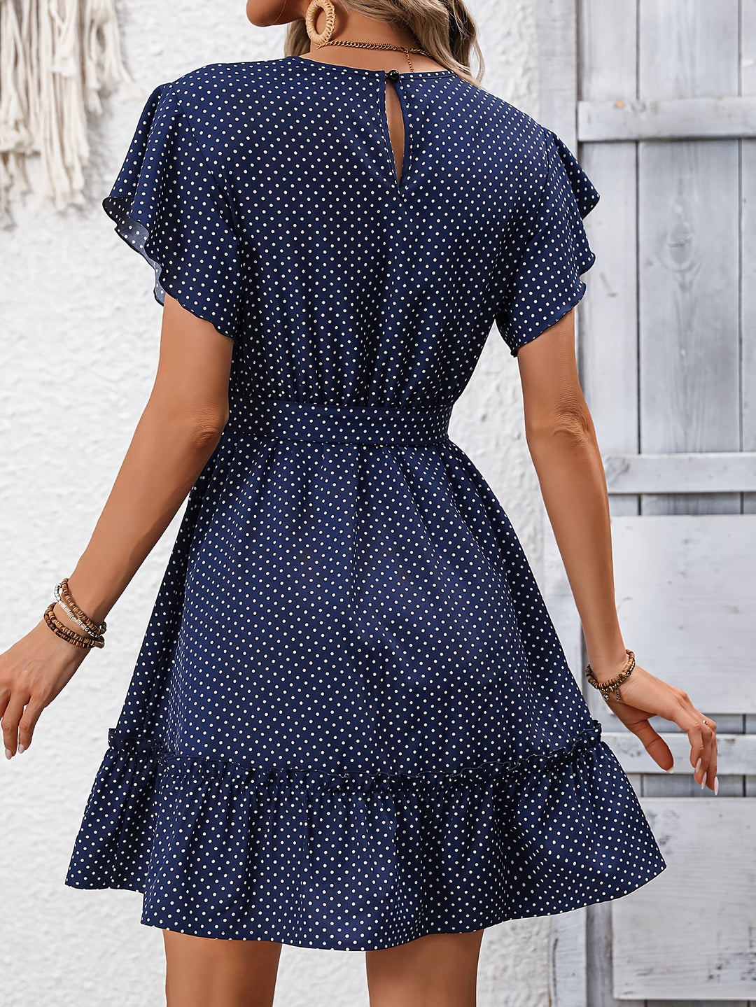 Polka Dot Flutter Sleeve Ruffle Mini Bohemian Dress