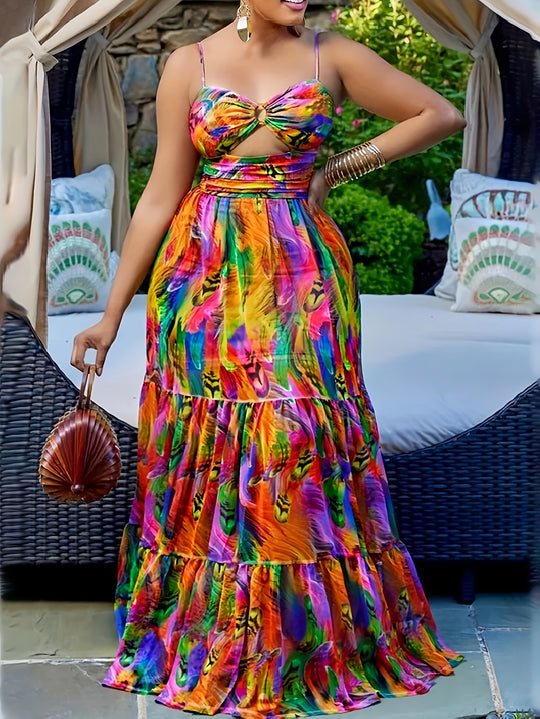 Feather Print Cut-Out Tiered Maxi Dress - Plus Size