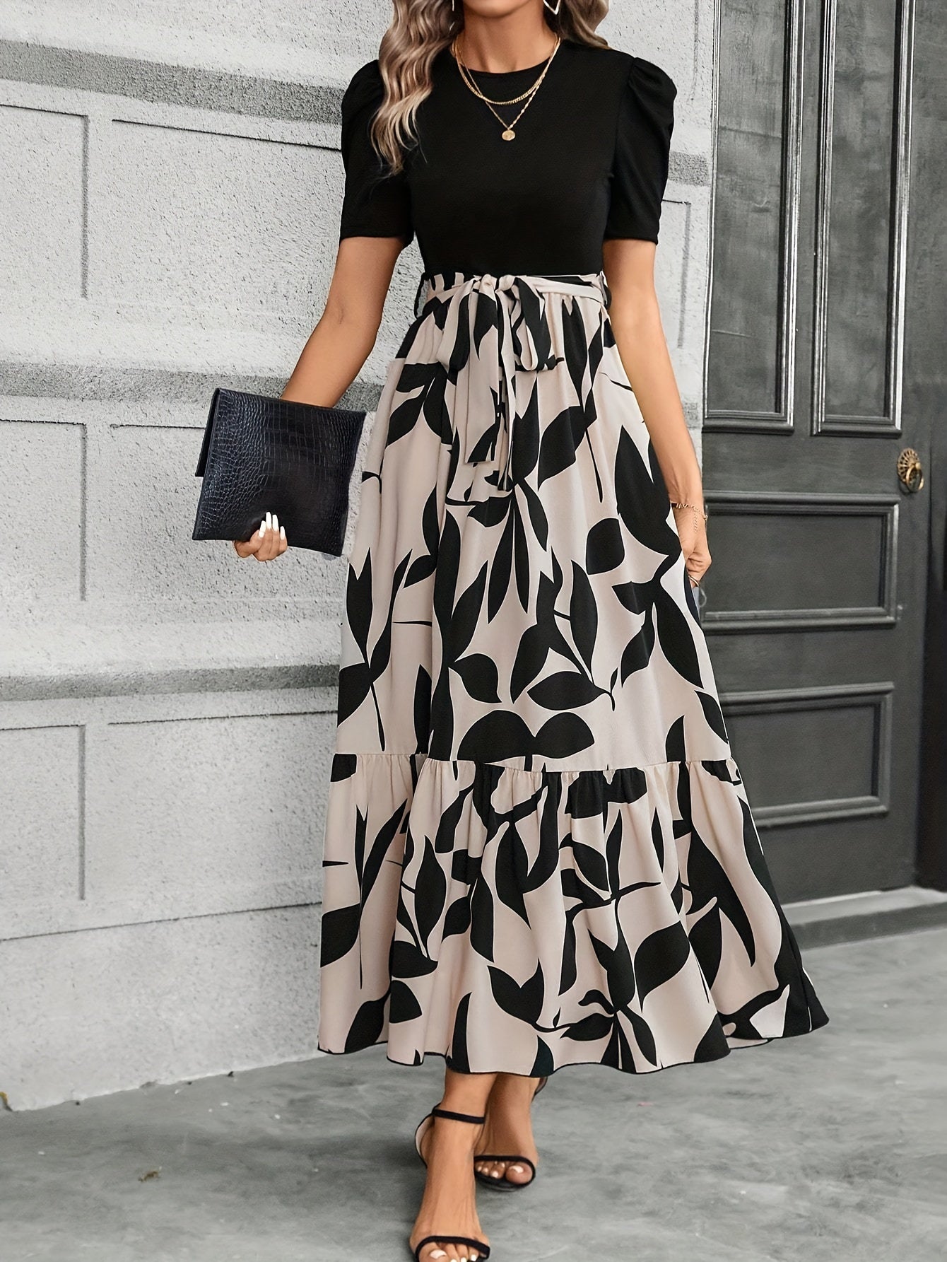 Puff Sleeve Floral Tie Waist Maxi Dress