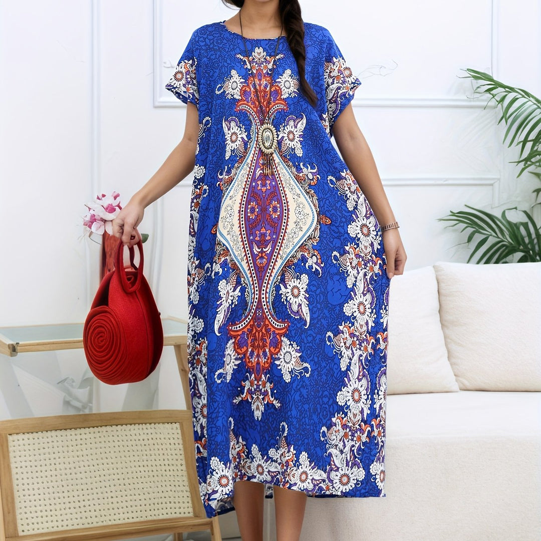 Casual Short Sleeve Oversized Print Maxi Dress
