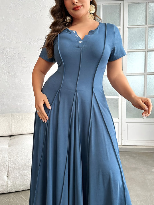 Button-Front Short Sleeve Paneled Maxi Dress - Plus Size