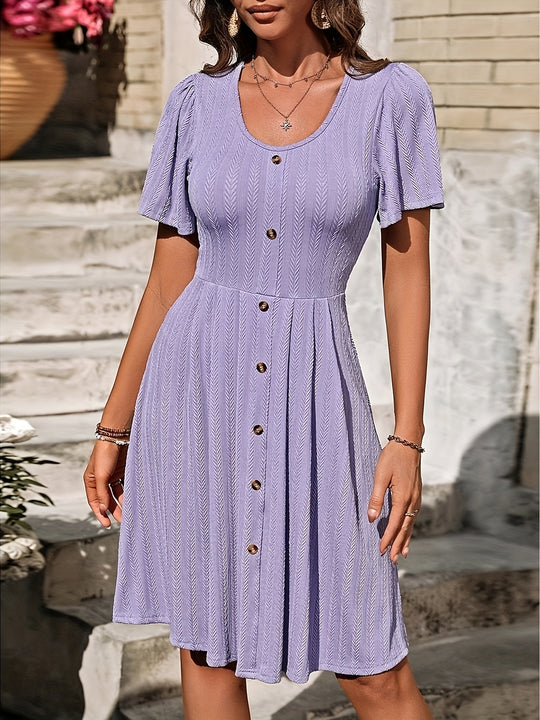 Textured Short Sleeve Fit and Flare Dress