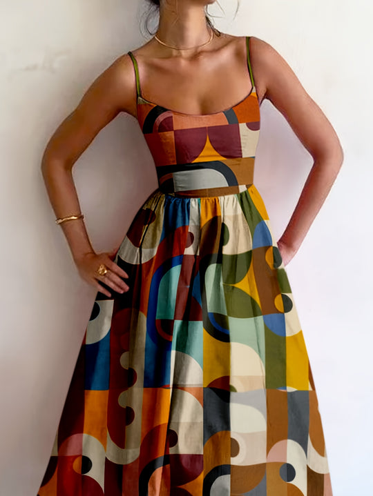 Retro Abstract Pattern Scoop Neck Summer Dress