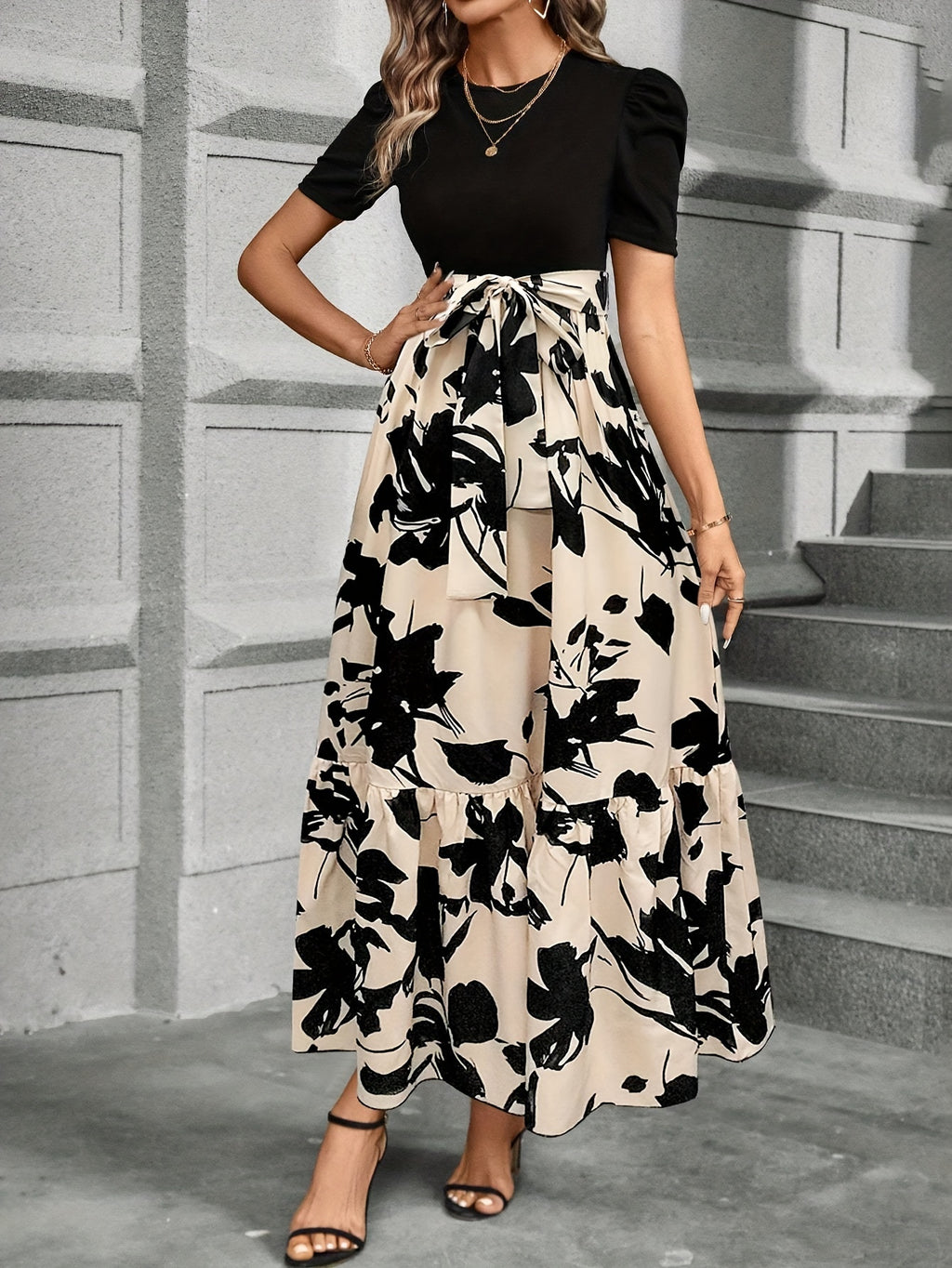 Puff Sleeve Floral Tie Waist Maxi Dress