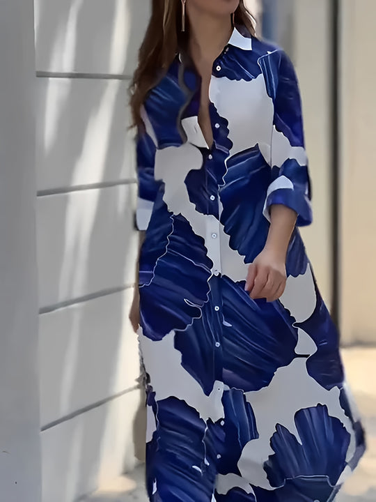 Chic Collared Abstract Print Maxi Dress
