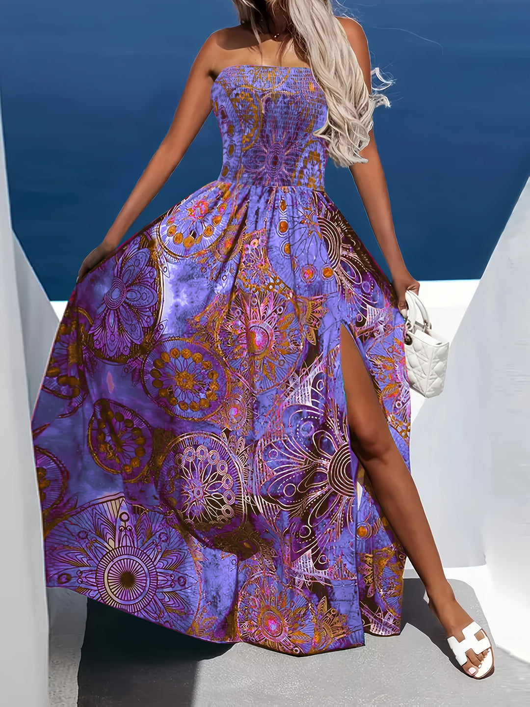 Summer Strapless High Slit Bohemian Dress
