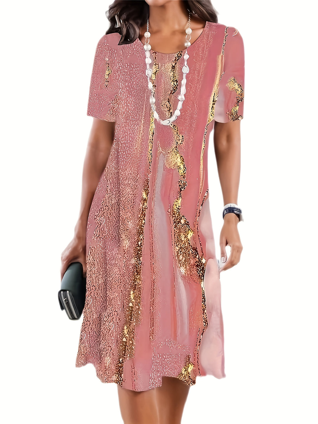 Short Sleeve Gathered Waist Midi Dress