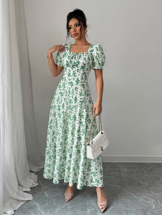 Square Neck Puff Sleeve Floral Maxi Dress