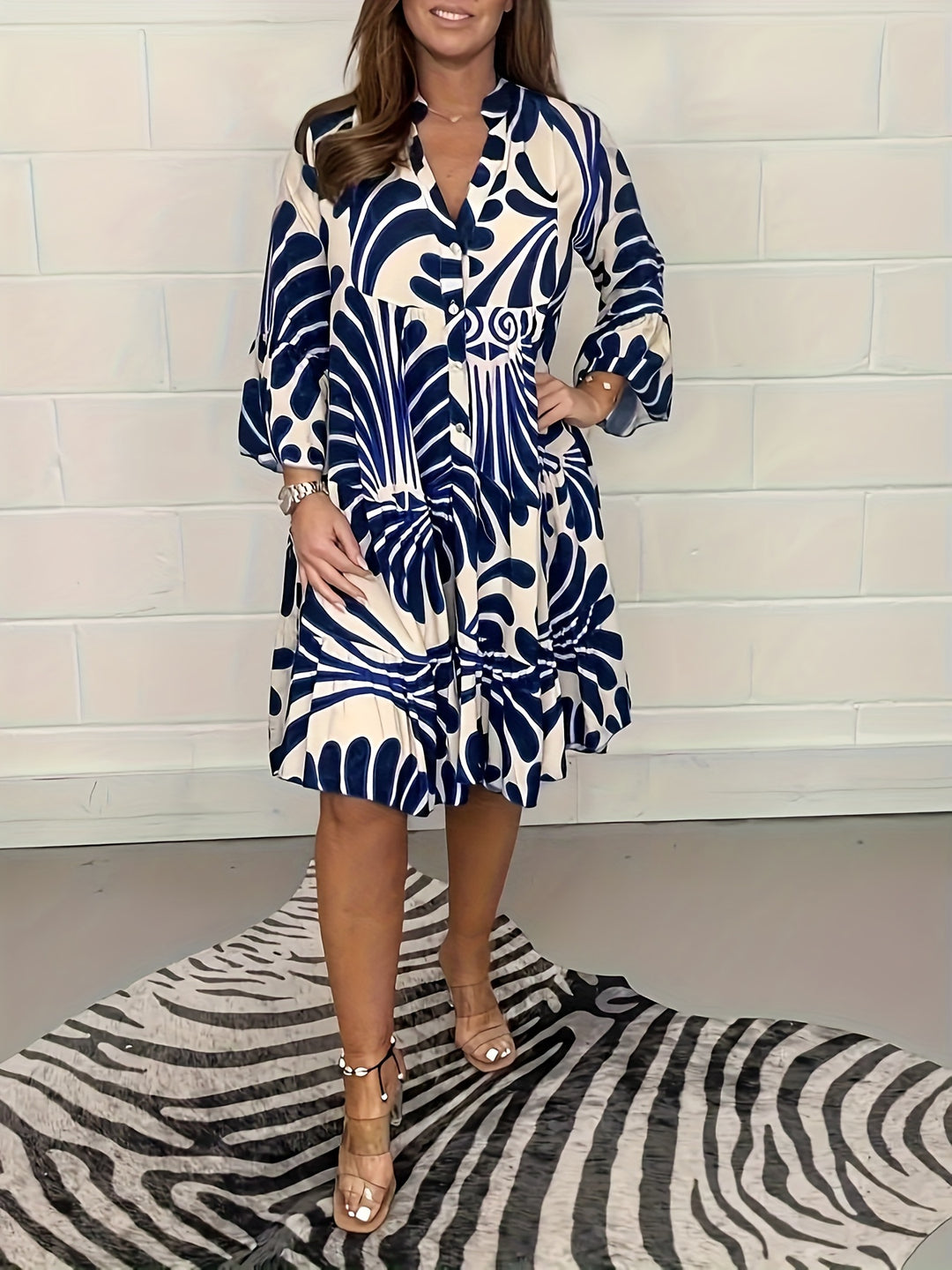V-Neck Tiered Hem Abstract Pattern Summer Dress
