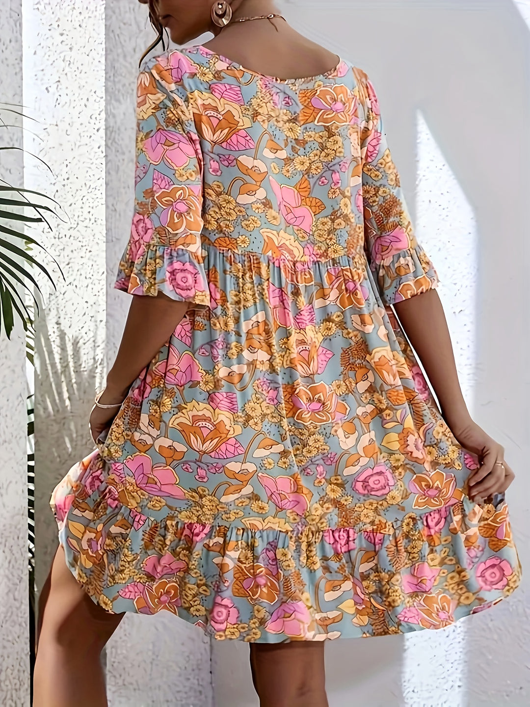Casual Flutter Sleeve Floral Swing Dress