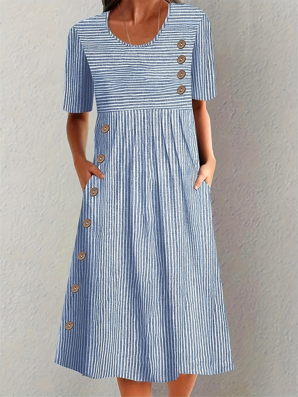 Striped Button Detail Pocket Midi Dress