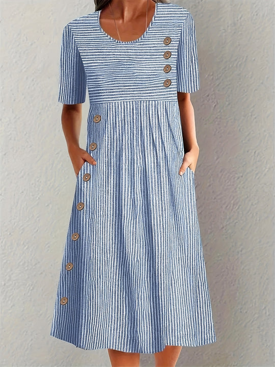 Striped Button Detail Pocket Midi Dress