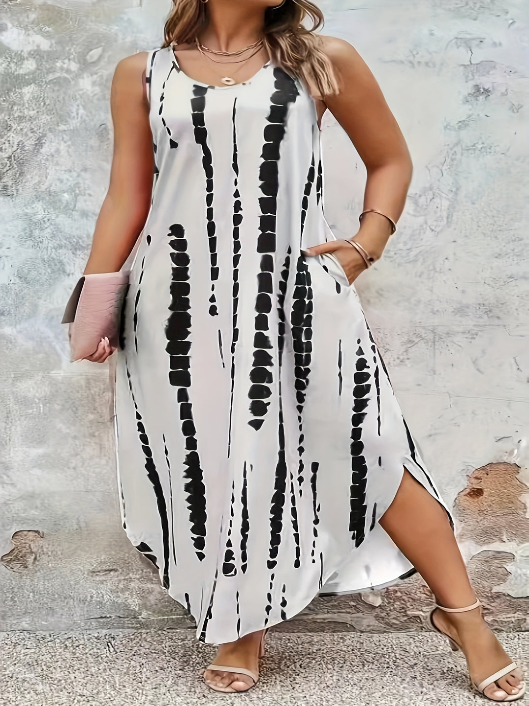 Plus Size Sleeveless Tie Dye Striped Summer Boho Dress