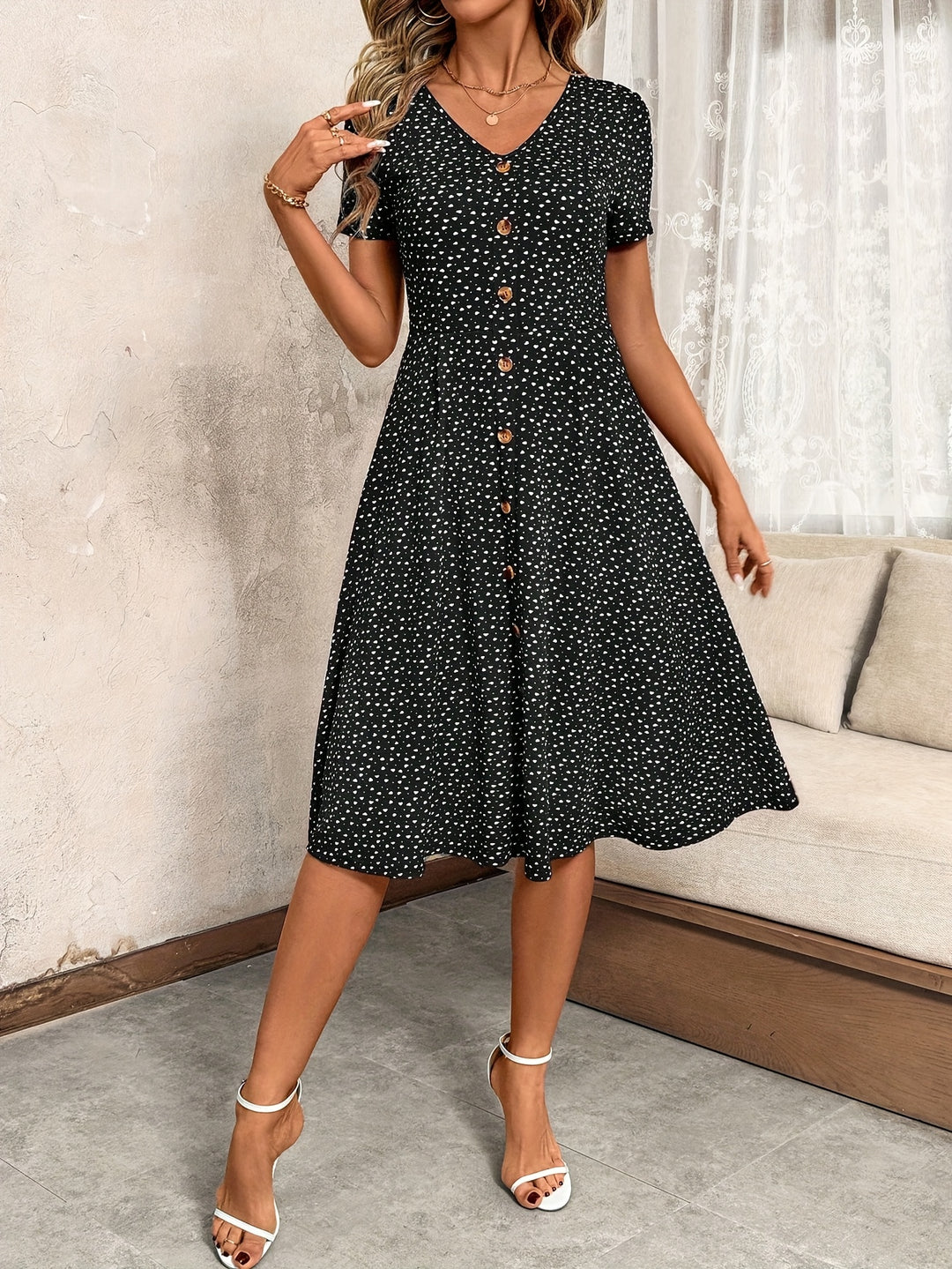 Casual Heart Print V-Neck Dress