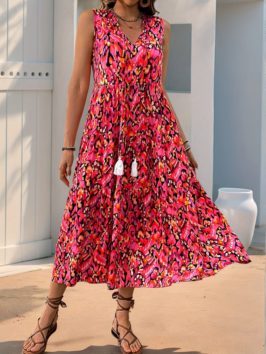 Bohemian Abstract Print Tiered Midi Dress