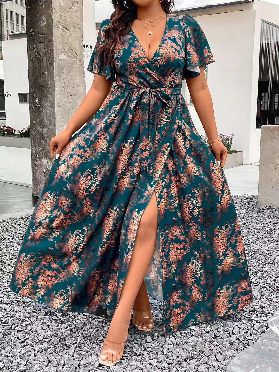 Short Sleeve Surplice Neck Summer Maxi Dress - Plus Size