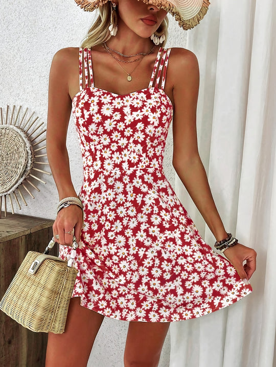 Casual Daisy Print Multi-Strap Mini Dress