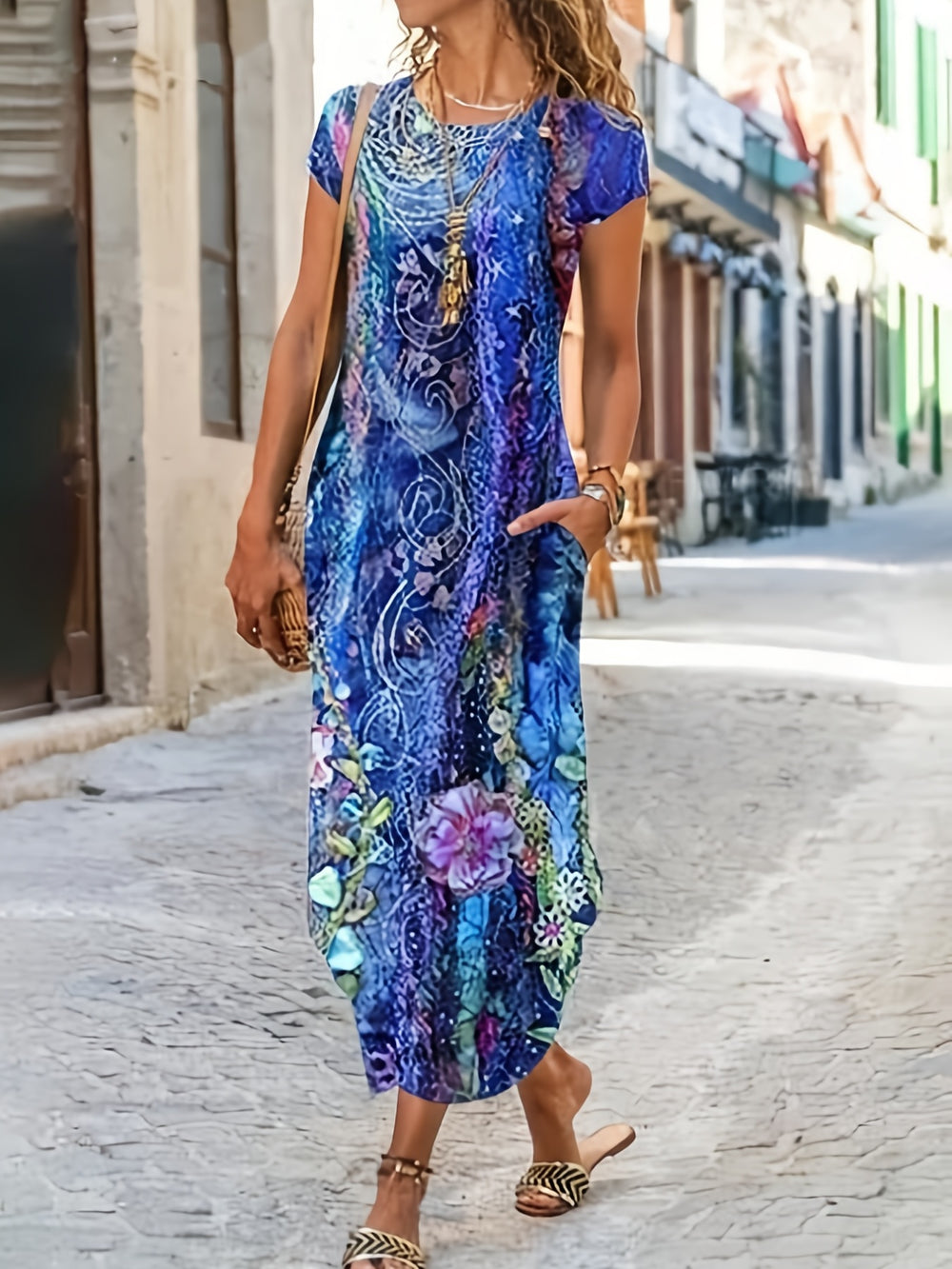 Short Sleeve Mixed Print Pocket Bohemian Maxi Dress