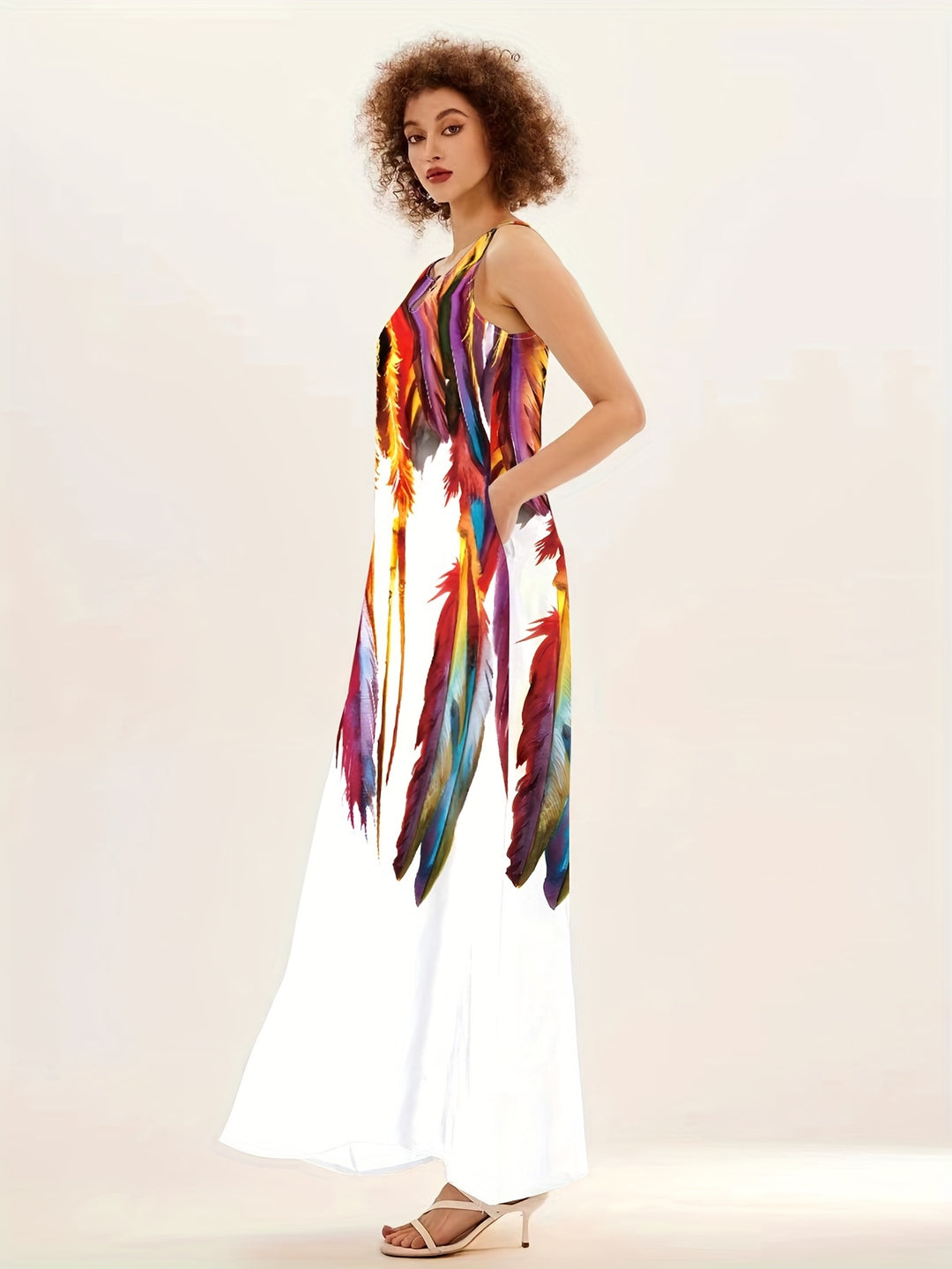 Feather Print Sleeveless V-Neck Boho Dress