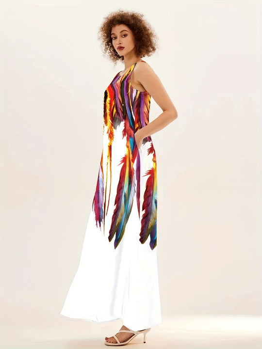 Feather Print Sleeveless V-Neck Boho Dress