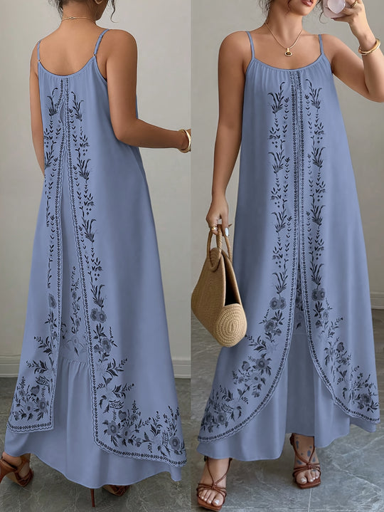Bohemian Floral Pattern Layered Spaghetti Strap Dress