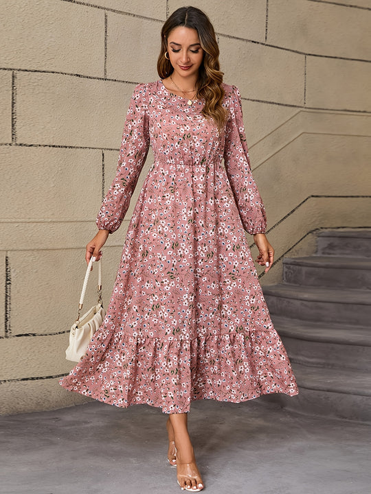 Long Sleeve Floral Print Maxi Dress with Ruffle Hem