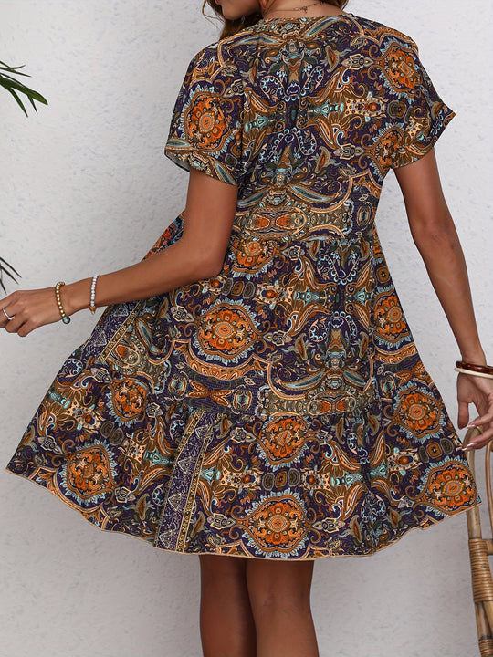 Vintage Print Relaxed Fit Bohemian Dress