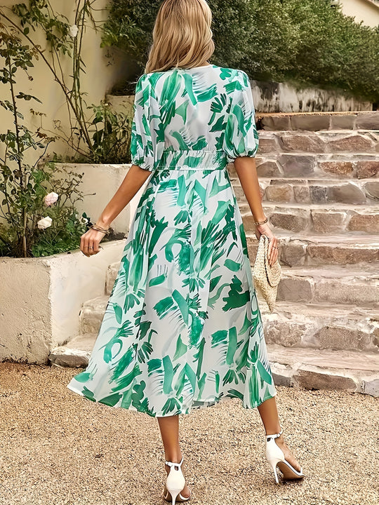 Puff Sleeve Abstract Print Smocked Summer Dress