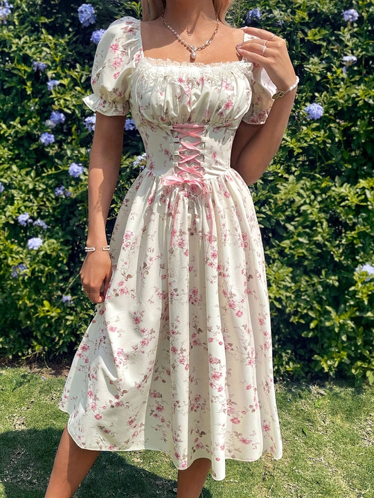Romantic Floral Lace-Up Corset Midi Dress