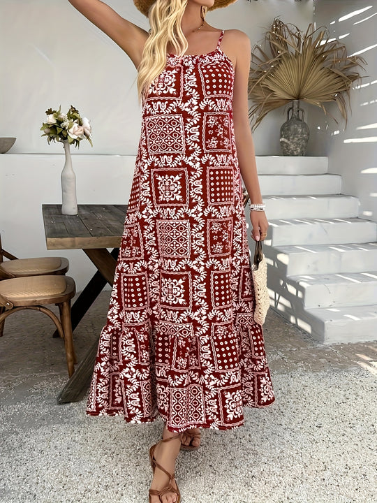 Bohemian Square Neck Printed Long Dress