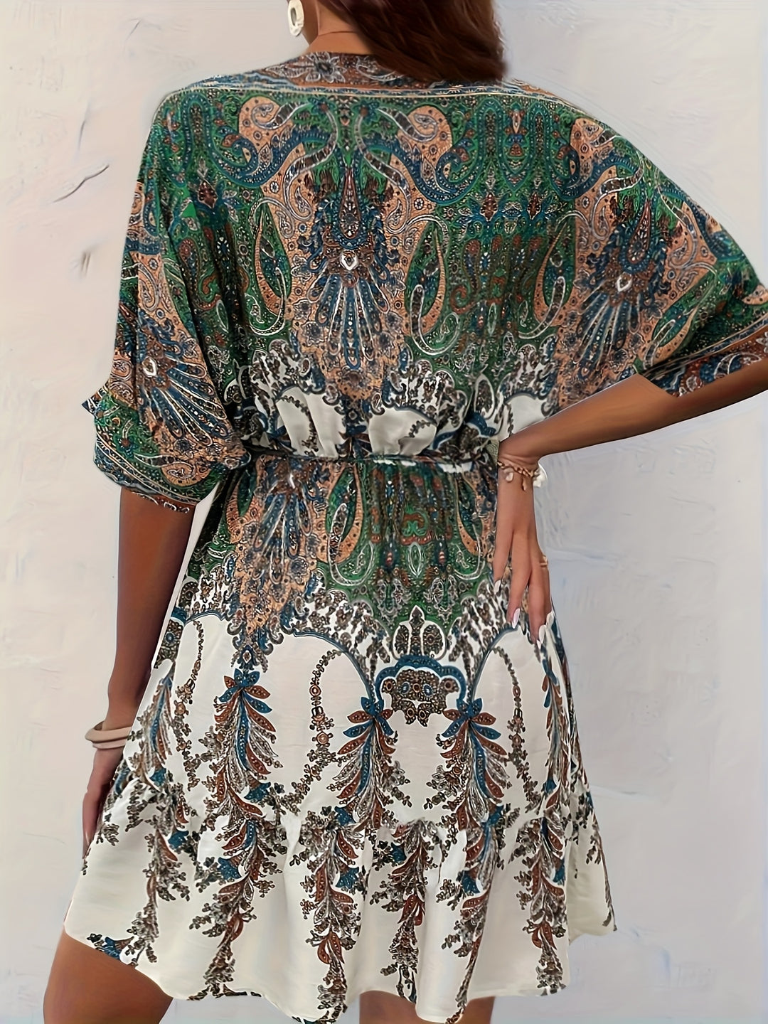 Bohemian Bell Sleeve Tie Waist Mini Dress