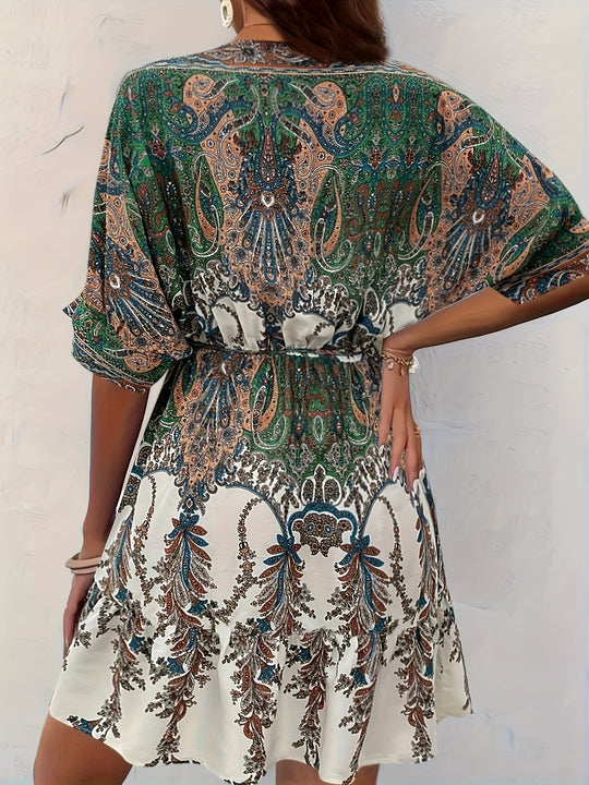 Bohemian Bell Sleeve Tie Waist Mini Dress