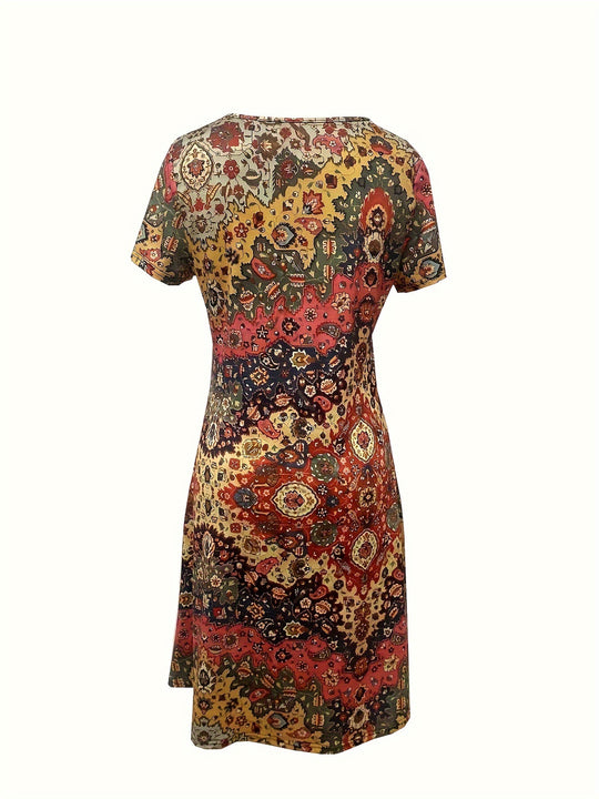 Bohemian Paisley Print V-Neck Shift Dress