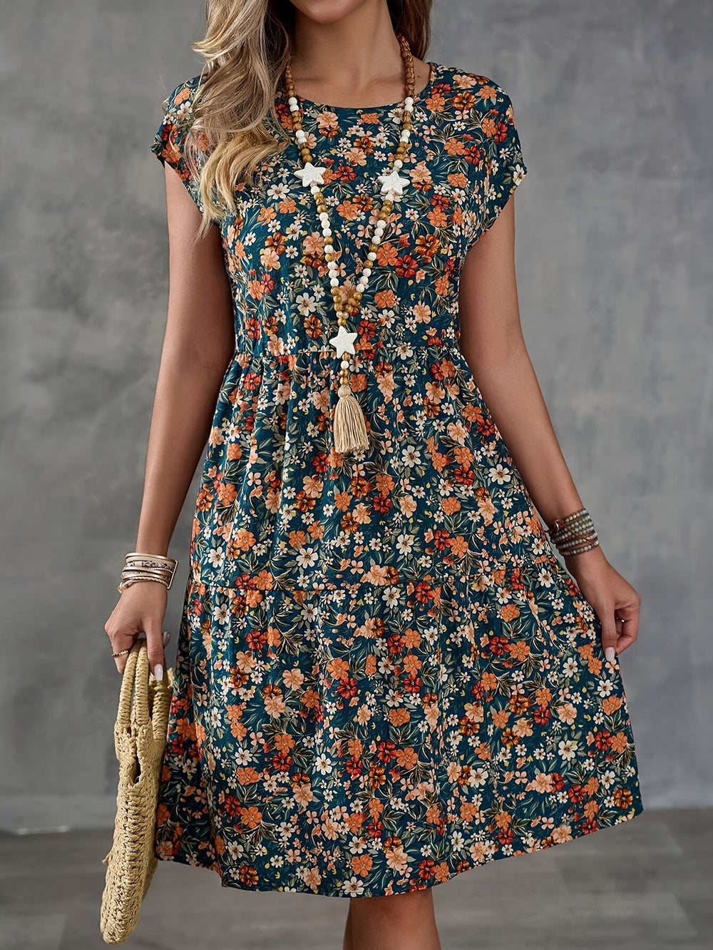 Bohemian Tiered Floral Short Sleeve Dress