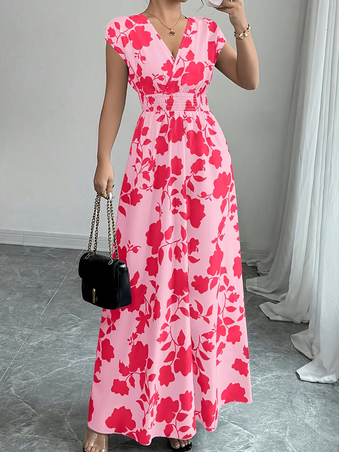 Bohemian V-Neck Smocked Waist Maxi Dress