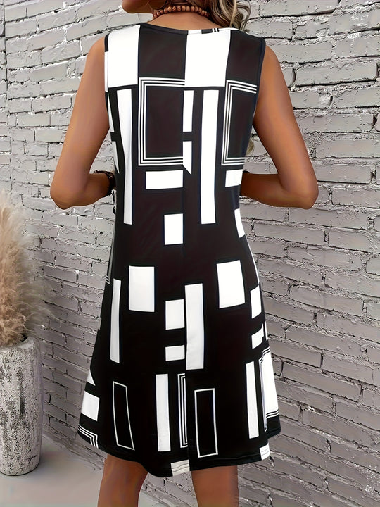Bohemian Round Neck Sleeveless Geometric Print Dress