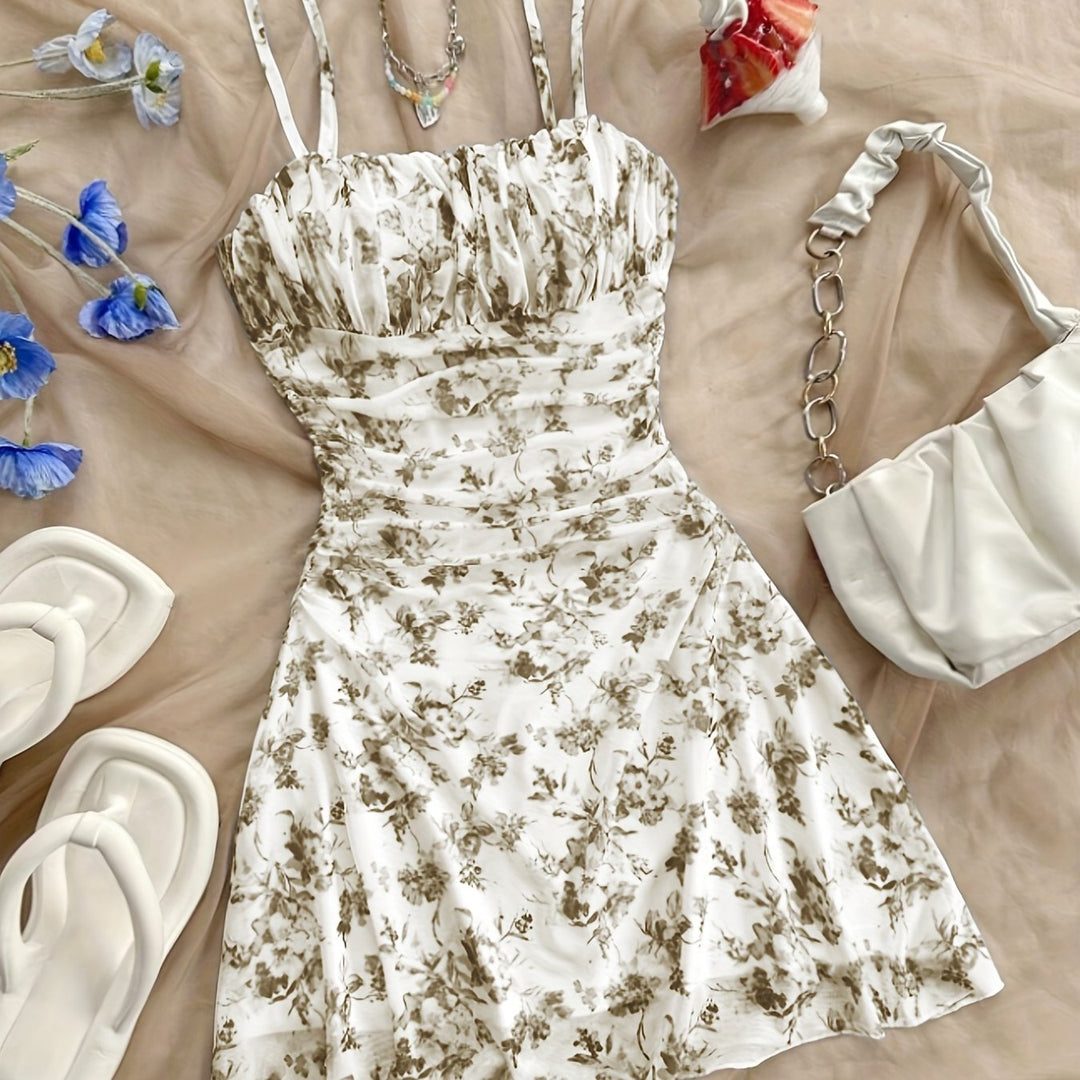 Romantic Floral Ruched Double Strap Mini Dress