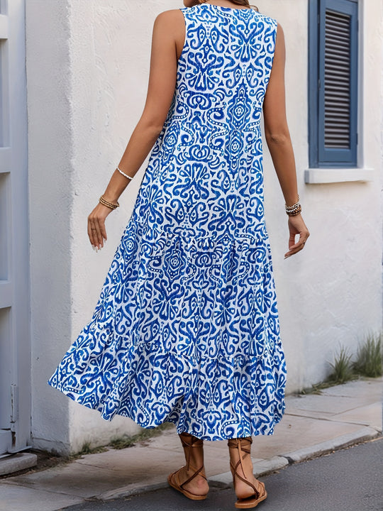 Bohemian V-Neck Button Front Midi Dress