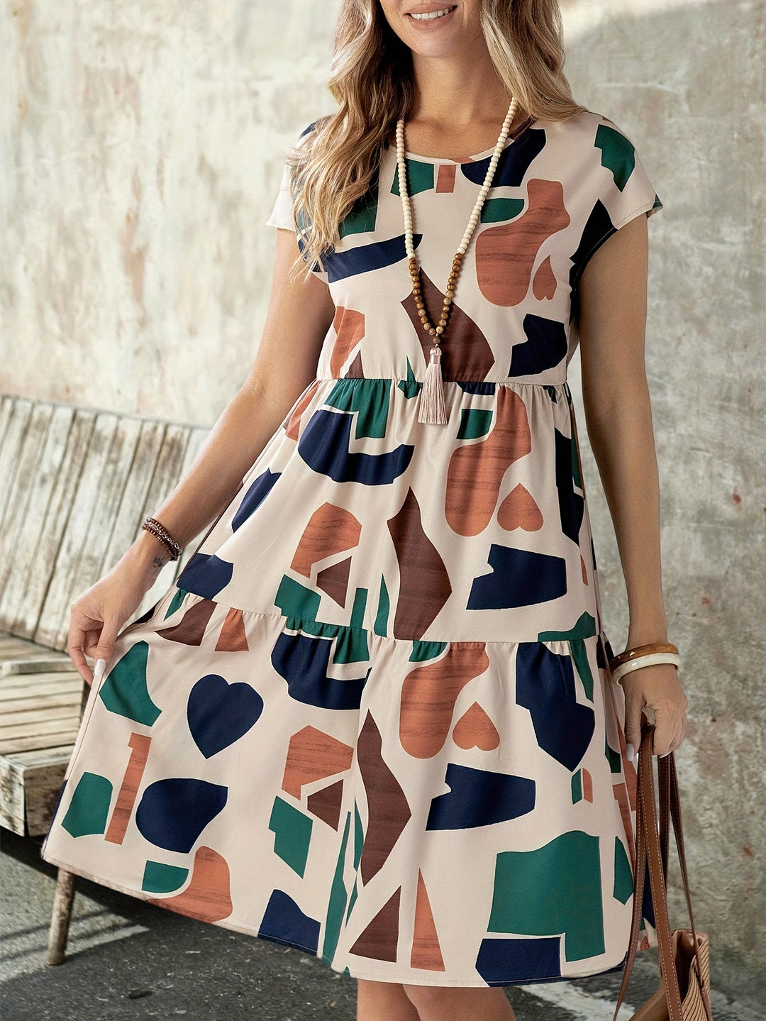 Short Sleeve Abstract Print Tiered Mini Dress