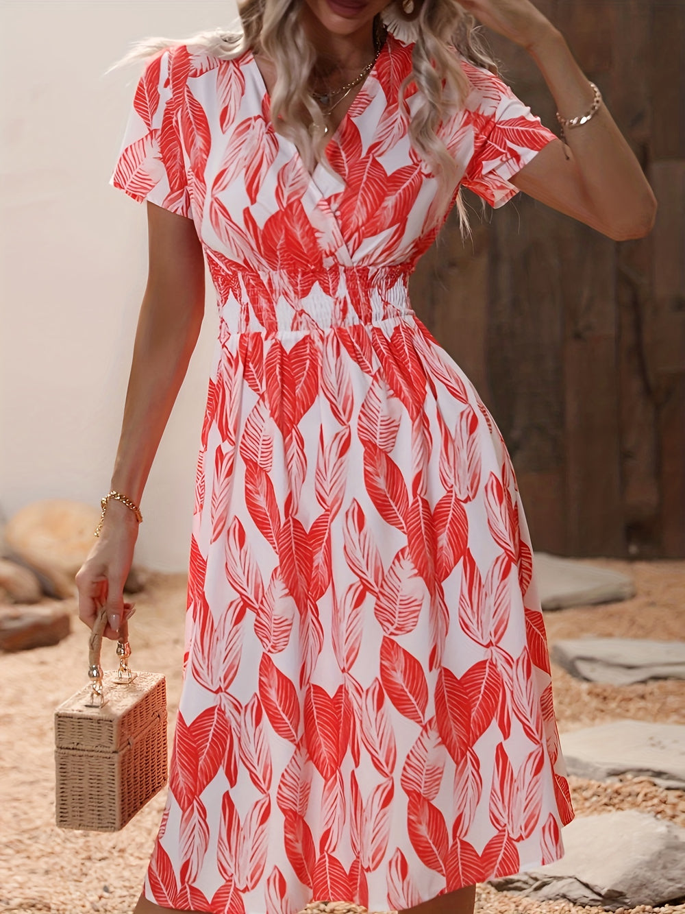Casual Leaf Print Smocked Midi Dress