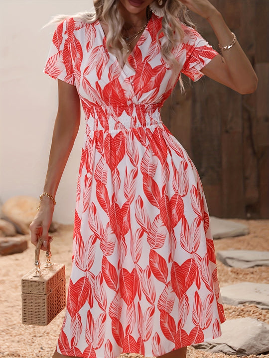 Casual Leaf Print Smocked Midi Dress