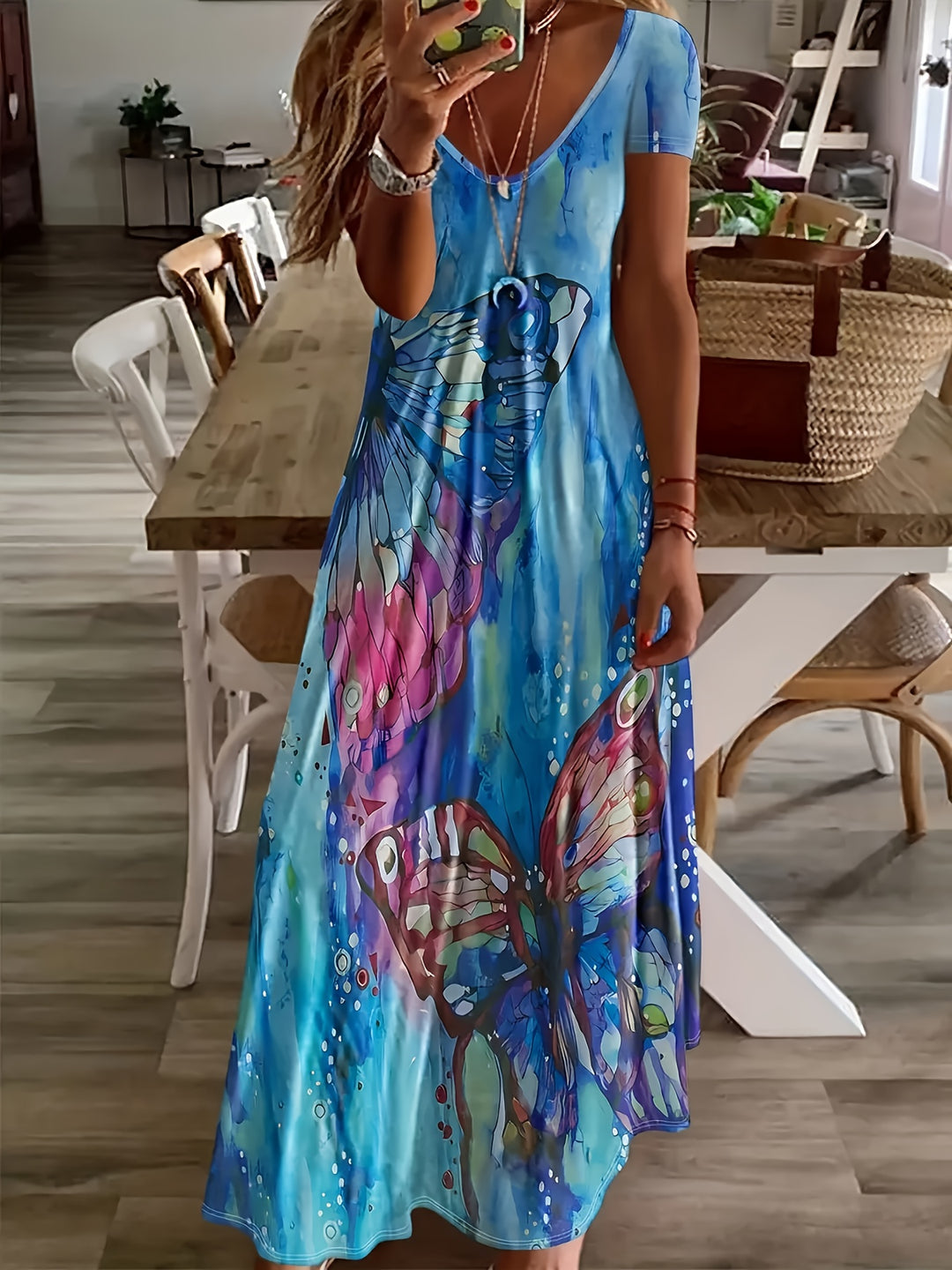 Sleeveless Halter Neck Butterfly Print Boho Summer Dress