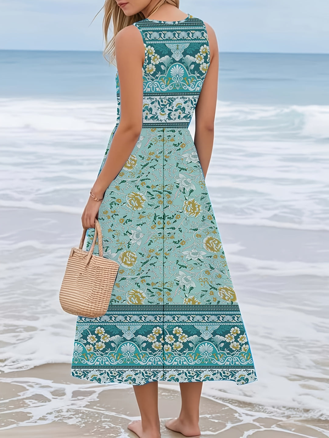Casual Sleeveless Floral Border Midi Dress
