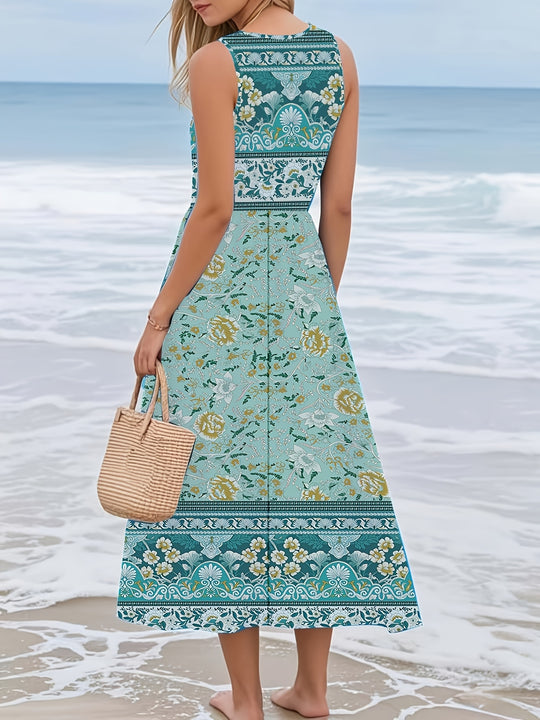 Casual Sleeveless Floral Border Midi Dress