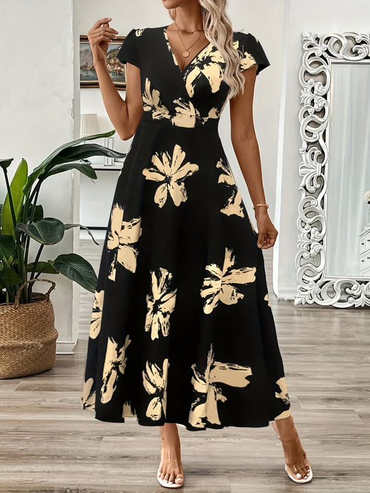 Bold Floral Print Short Sleeve Summer Maxi Dress