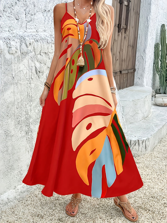 Tropical Leaf Print Sleeveless Maxi Dress