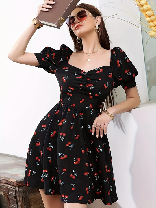 Retro Style Cherry Pattern Short Sleeve Mini Dress