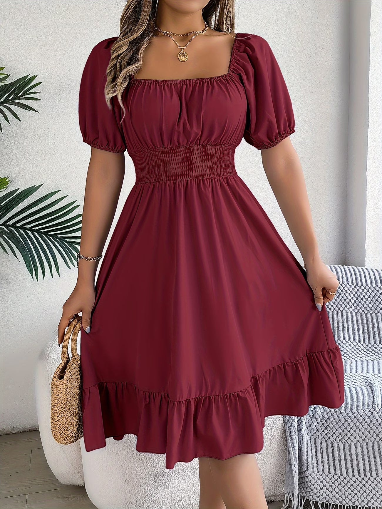 Bohemian Puff Sleeve Ruffled Short Dress